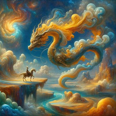 The primary subject of the image is a dragon, which is depicted as a large, yellow, and orange creature. The dragon is surrounded by a serene landscape, with a body of water and a mountain in the background. The visual style of the image is a combination of digital art and illustration, creating a vibrant and dynamic scene. The dominant colors in the image are yellow, orange, and blue, which contribute to the overall atmosphere of the painting.
